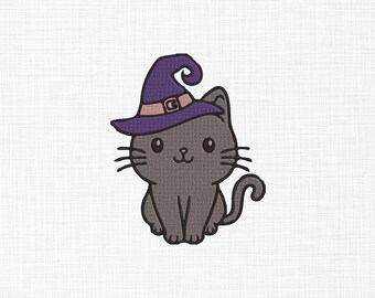 Glad söt Halloween-kattbroderidesign, katt i häxhatt, broderidesign, Halloween-maskinbroderi, digital nedladdning i 5 storlekar