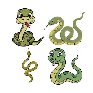 Op de afbeelding: Vier geborduurde slangenpatches in verschillende poses. De slangen zijn voornamelijk groen met gele en zwarte accenten. Twee slangen hebben hun tong uit, en een heeft een rode tong. De patches staan op een witte achtergrond.