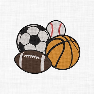 May include: An embroidered design featuring a soccer ball, baseball, basketball, and football. The soccer ball is black and white, the baseball is white with red stitching, the basketball is orange, and the football is brown with white stripes.