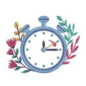 May include: A blue stopwatch design with a white face, surrounded by colorful floral elements. The stopwatch has a light blue casing, green dots, and red, yellow, and purple hands. The floral elements include red flowers, yellow leaves, and green and pink foliage.