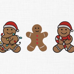 May include: Three embroidered gingerbread cookie designs. One is wrapped in Christmas lights, another is plain, and the third wears a Santa hat and scarf, holding a candy cane. All have smiling faces.