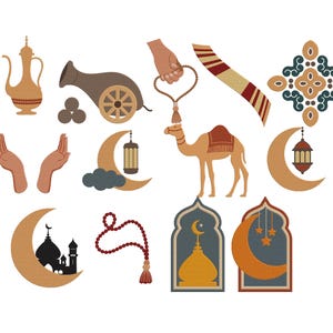 May include: A set of vector illustrations depicting cultural and religious symbols. The image includes a camel, crescent moons, a cannon, a teapot, prayer beads, a decorative pattern, and hands in a prayer position.