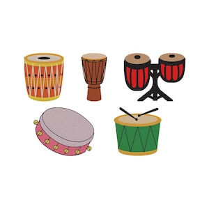 May include: An illustration of five percussion instruments. There is an orange and yellow drum, a brown djembe, a set of red and black bongo drums, a pink tambourine, and a green drum with drumsticks.