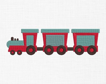 May include: A red and teal toy train with three cars. The train has brown wheels and a teal engine. The cars are red with teal panels. The train is designed with a simple, cartoonish style.