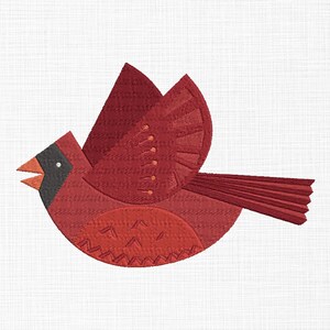May include: A red cardinal bird with a black beak and eye, in flight with its wings spread out. The bird is stylized with geometric shapes and a textured pattern.