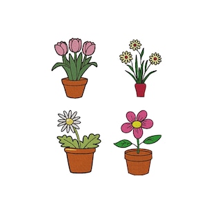 Könnte beinhalten: Vier Illustrationen von Topfblumen. Die Blumen umfassen rosa Tulpen, gelbe Gänseblümchen und eine rosa Blume mit gelbem Zentrum. Jede Blume befindet sich in einem braunen Topf, vor weißem Hintergrund.
