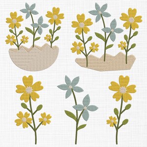 May include: Embroidered design featuring yellow and blue flowers in a variety of arrangements. Some flowers are in a nest-like shape, while others are in a row. The flowers are all stylized and have a simple, whimsical look.