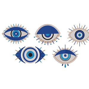 May include: Five decorative eye designs in blue, white, and beige are displayed against a white backdrop. Each eye features a central pupil, surrounded by concentric circles and decorative details, with an evil eye theme.