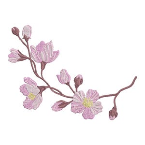 May include: A delicate pink and white embroidered floral branch with five blossoms. The branch is curved and has a few buds.