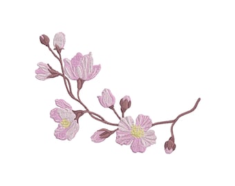 May include: A delicate pink and white embroidered floral branch with five blossoms. The branch is curved and has a few buds.