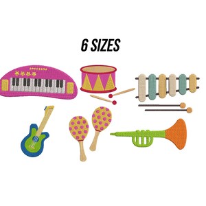 May include: An assortment of embroidered musical instruments, including a pink keyboard, drum, xylophone, guitar, maracas, and trumpet. The text "6 SIZES" is displayed above the instruments. The instruments are in bright colors.