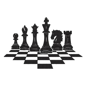 Peut inclure: Silhouette noire et blanche de pièces d'échecs sur un échiquier noir et blanc. Les pièces comprennent un roi, une reine, une tour, un fou, un cavalier et un pion.