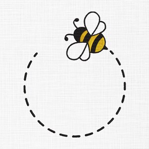 May include: A black and yellow cartoon bee flying in a circle, outlined with a dashed line.