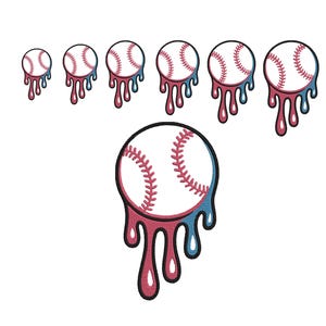 May include: Baseball-themed graphic with seven baseballs. Each baseball has red stitching and a white background. The bottom of each baseball has a dripping effect with red and blue colors. The baseballs vary in size, with the largest at the bottom.
