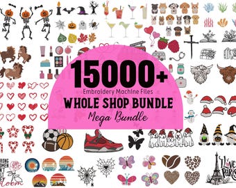 Puede incluir: Una colección digital de archivos de bordado a máquina, con varios diseños como Halloween, deportes, flores y temas navideños. La imagen incluye el texto "15000+ Embroidery Machine Files WHOLE SHOP BUNDLE Mega Bundle".