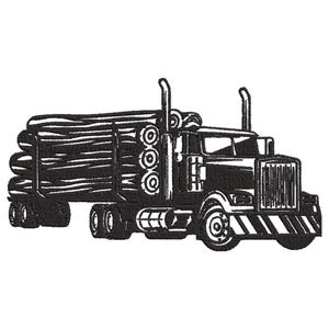 May include: A black and white illustration of a semi-truck hauling a load of logs. The truck has a large grill and a long, flatbed trailer. The logs are stacked high on the trailer.