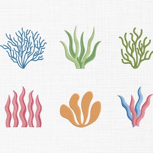May include: Six different types of seaweed illustrations in various colours, including blue, green, pink, and orange. The illustrations are stylised and resemble different types of seaweed found in the ocean.
