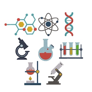 Puede incluir: Un conjunto de parches bordados con temática científica. Los parches incluyen una estructura molecular, un átomo, una cadena de ADN, un microscopio, un matraz, tubos de ensayo y un matraz con un quemador. Los colores son azul, rojo, amarillo y verde.