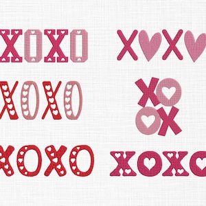May include: Embroidered XOXO designs in shades of pink and red. The designs include the letters X and O, with heart-shaped cutouts and heart-shaped accents. The designs are on a white background.