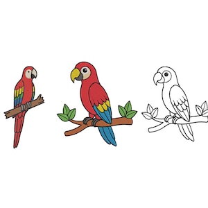 May include: Three cartoon illustrations of parrots perched on branches. The first parrot is red with yellow and blue accents, the second is a colored version of the first, and the third is a black and white outline.