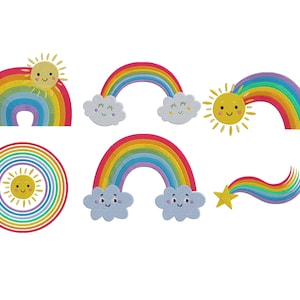 May include: A selection of colourful rainbow and sun designs. The rainbows are in various shapes, including arches and a circular design. Each rainbow has a smiling sun or cloud. The colour palette includes red, orange, yellow, green, blue, and purple.