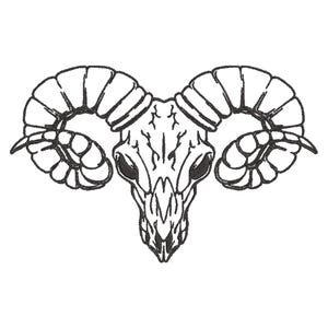 May include: A black and white line drawing of a ram skull with large curled horns.