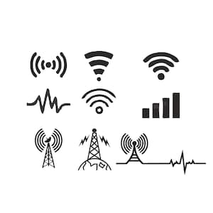 May include: A collection of nine black and white illustrations depicting wireless communication symbols. The designs include signal waves, Wi-Fi icons, a signal strength indicator, and radio towers, all on a white background.
