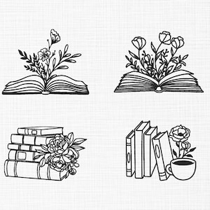 以下が含まれることがあります： 花が飾られた本の白黒イラストが4つあります。最初の2つの画像は、花が置かれた開いた本を1つずつ示しています。3番目の画像は、花が置かれた本の積み重ねを示しています。4番目の画像は、花とコーヒーカップが置かれた本の積み重ねを示しています。