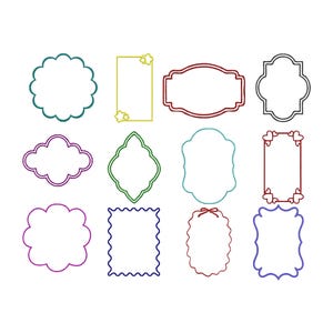 May include: A collection of twelve colorful, empty frame outlines in various shapes. The frames include scalloped, cloud-like, diamond, and rectangular designs, with colors like teal, purple, green, and red. The frames are set against a white background.