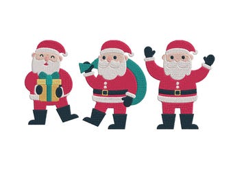 Puede incluir: Tres figuras bordadas de Papá Noel con trajes rojos, botas y sombreros negros. Uno sostiene un regalo envuelto, otro lleva un saco y el tercero tiene los brazos levantados. Cada uno tiene barba blanca y guantes negros.