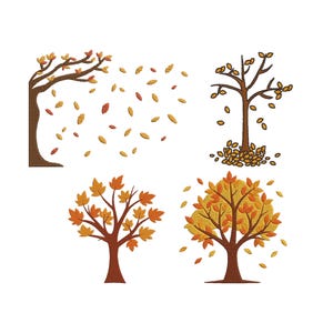 May include: Four embroidered tree designs in shades of brown, orange, and yellow. The trees depict various stages of autumn, with falling leaves and full foliage. The designs are likely for seasonal crafts or decor.