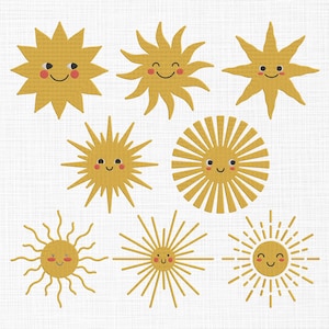May include: Set of nine yellow sun illustrations with smiling faces. Each sun has a different design, including rays, spikes, and a circle.