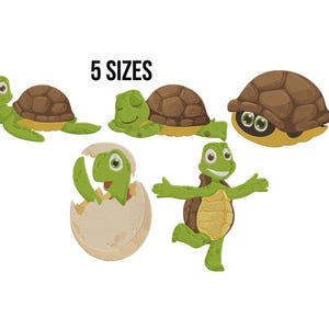 May include: An illustration of five different turtle designs. The turtles are in various poses, including swimming, peeking out of a shell, and hatching from an egg. The text "5 SIZES" is displayed above the turtles.