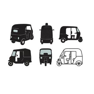 May include: A collection of six black and white illustrations of auto rickshaws, also known as tuk-tuks. The images show the vehicles from different angles, including side, front, and rear views. The designs vary in detail, with some being solid black and others outlined.