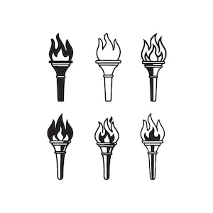 May include: A collection of six torch illustrations in black and white. The torches have flames at the top and detailed handles. The flames vary in shape, with some solid black and others outlined.