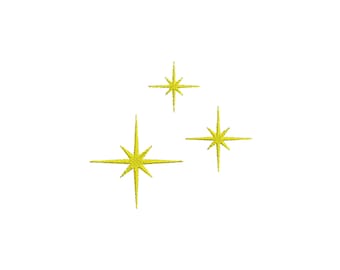 May include: Three yellow starburst designs on a white background. Each starburst has multiple pointed rays extending from a central point. The stars vary in size and are arranged in a scattered pattern.