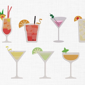 Peut inclure: Huit illustrations de cocktails différents, dont un martini rose, une margarita, un daiquiri, un whiskey sour, un rhum et coca, un gin tonic, un vodka soda et un tequila sunrise.