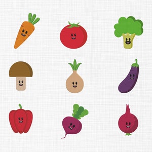 Può includere: Nove verdure di cartoni animati con facce sorridenti. Le verdure sono una carota, un pomodoro, un broccolo, un fungo, una cipolla, una melanzana, un peperone, una barbabietola e una cipolla rossa.