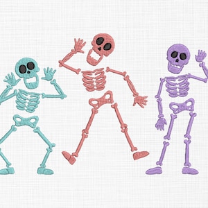 May include: Three skeletons in different poses, with a teal, pink, and purple color scheme. The skeletons are smiling and have black eyes.