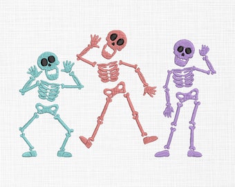 Peut inclure: Trois squelettes dans des poses différentes, avec un schéma de couleurs turquoise, rose et violet. Les squelettes sourient et ont des yeux noirs.