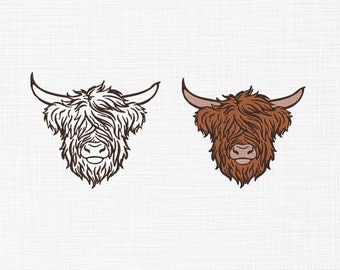 May include: Two illustrations of a Highland cow head, one in black and white and the other in brown with a pink nose.