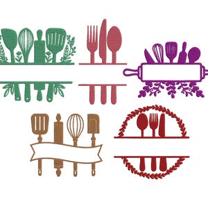 May include: Embroidered kitchen-themed designs in various colours. The designs include utensils, rolling pins, and cutlery, each with a space for text. The colour palette includes green, red, brown, and purple.