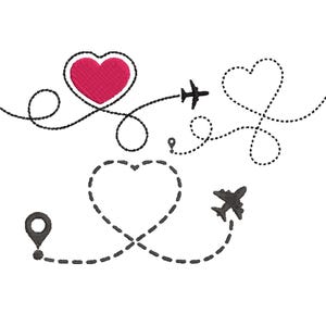 Airplane Travelling Route with Heart Embroidery Design, Heart Machine Embroidery, Multi Format Embroider Files, 6 Sizes Instant Download