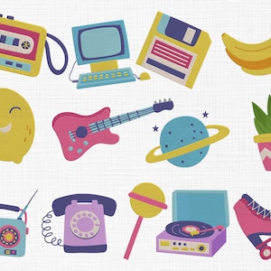 Może przedstawiać: Zestaw 11 kolorowych ilustracji w stylu retro, w tym kaseta magnetofonowa, komputer, dyskietka, banan, cytryna, gitara, planeta, roślina doniczkowa, telefon tarczowy, gramofon i rolki.