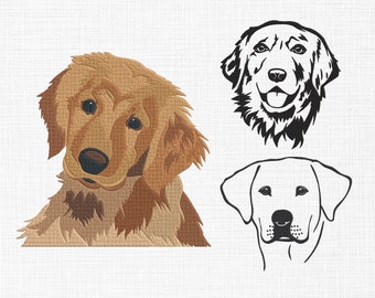 May include: A brown and white Golden Retriever puppy with a sweet expression. The puppy is looking directly at the viewer. The image is a digital illustration.