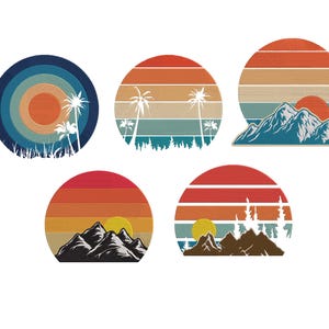 Puede incluir: Cinco diseños circulares de estilo retro con escenas de atardecer. Los diseños incluyen palmeras, montañas y un sol, todo sobre un degradado de tonos naranja, rojo y azul. El tema general es la naturaleza y lo vintage.