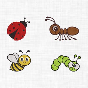 May include: A set of four cartoon insect illustrations. A red ladybug, a brown ant, a yellow and black bee, and a green caterpillar.