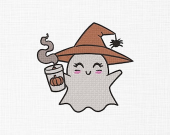 Máquina de café con calabaza bordada, lindo fantasma con sombrero, diseño de bordado, fantasma con café, bordado de Halloween, 5 tamaños