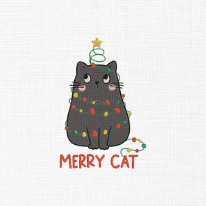 Desenho de bordado de gato alegre Gato de Natal com luzes Bordado Desenho de bordado de Natal Máquina de bordar 5 tamanhos Download digital