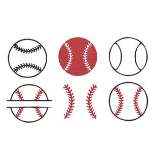 Puede incluir: Una colección de diseños con temática de béisbol. La imagen presenta varias ilustraciones de béisbol, incluyendo una pelota roja sólida, contornos y diseños divididos, todos con detalles de costura rojos. Los diseños están sobre un fondo blanco.